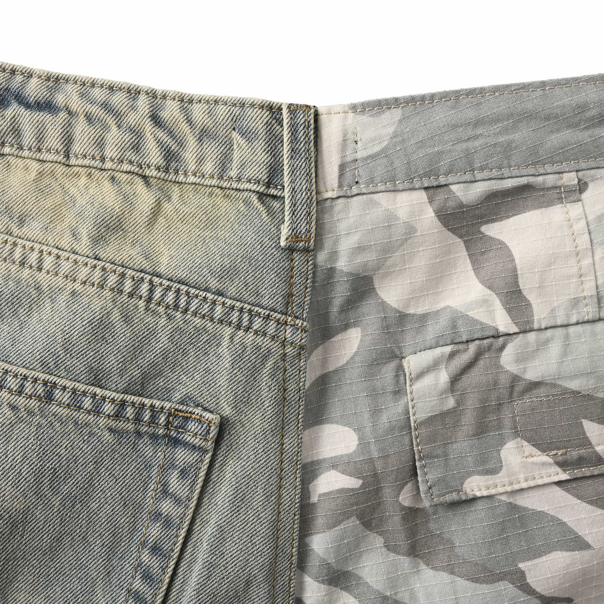 Unisex Camo Patchwork Denim Cargo Pants - Relaxed Fit