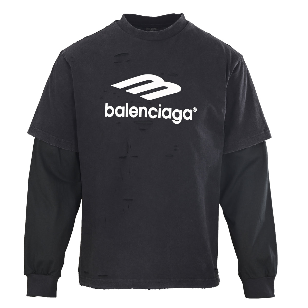 BALENCIAGA Distressed Layered-Look Graphic Long Sleeve T-Shirt
