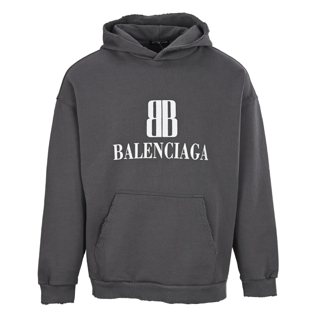 BALENCIAGA BB Logo Distressed Cropped Hoodie - Washed Black