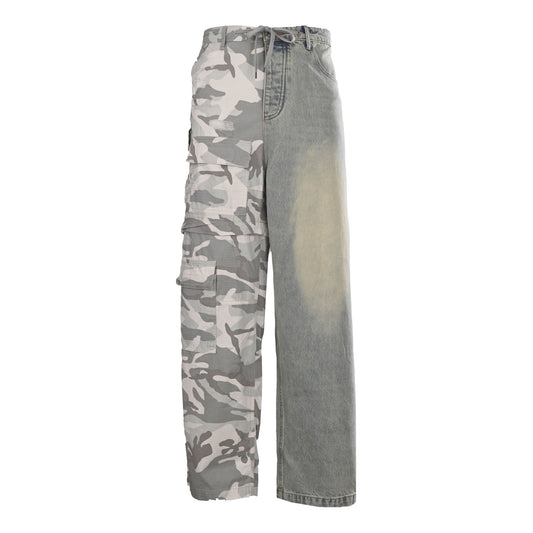 Unisex Camo Patchwork Denim Cargo Pants - Relaxed Fit