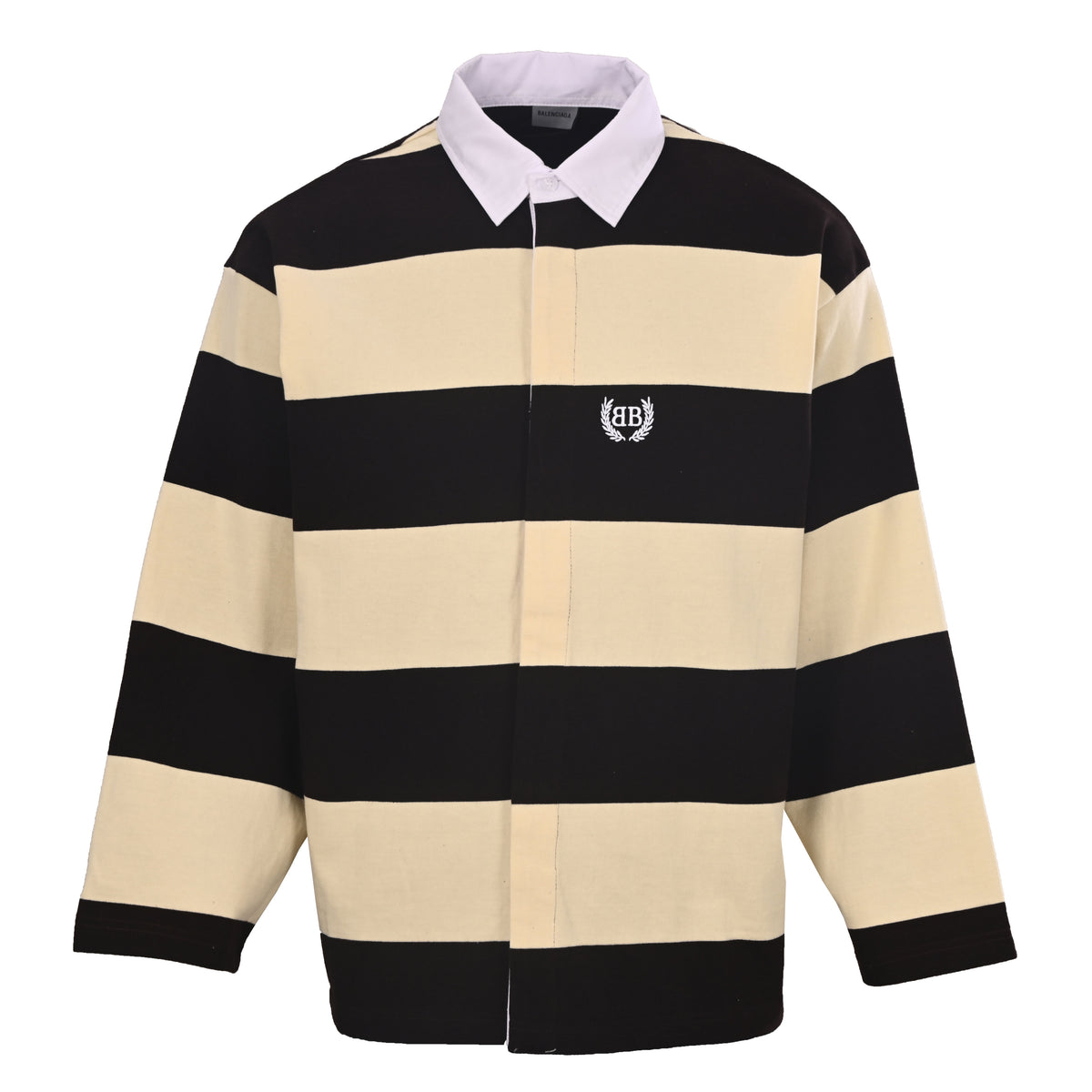 BALENCIAGA Brown & Yellow Striped Collared Sweatshirt with Wheat Motif