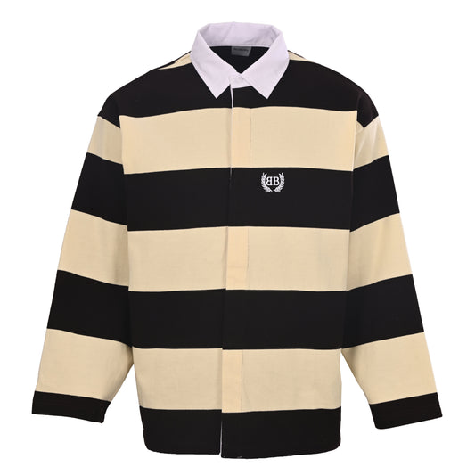BALENCIAGA Brown & Yellow Striped Collared Sweatshirt with Wheat Motif