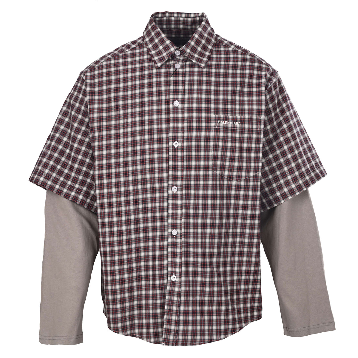 BALENCIAGA Red Check Layered-Look Short Sleeve Shirt
