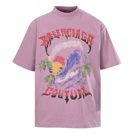 BALENCIAGA Hawaiian Tricolor Palm Tree Short Sleeve T-Shirt