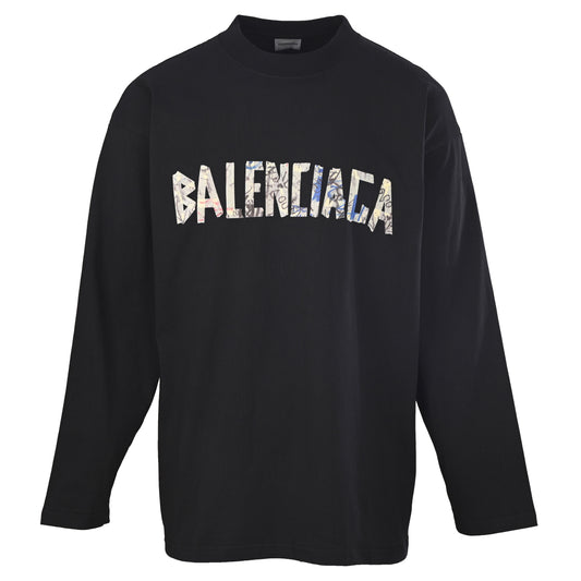 Oversized Tape Graphic Distressed Long Sleeve Cotton T-Shirt