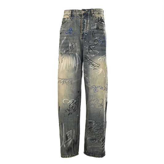 Balenciaga BLCG Hand-Painted Washed Indigo Wide-Leg Jeans