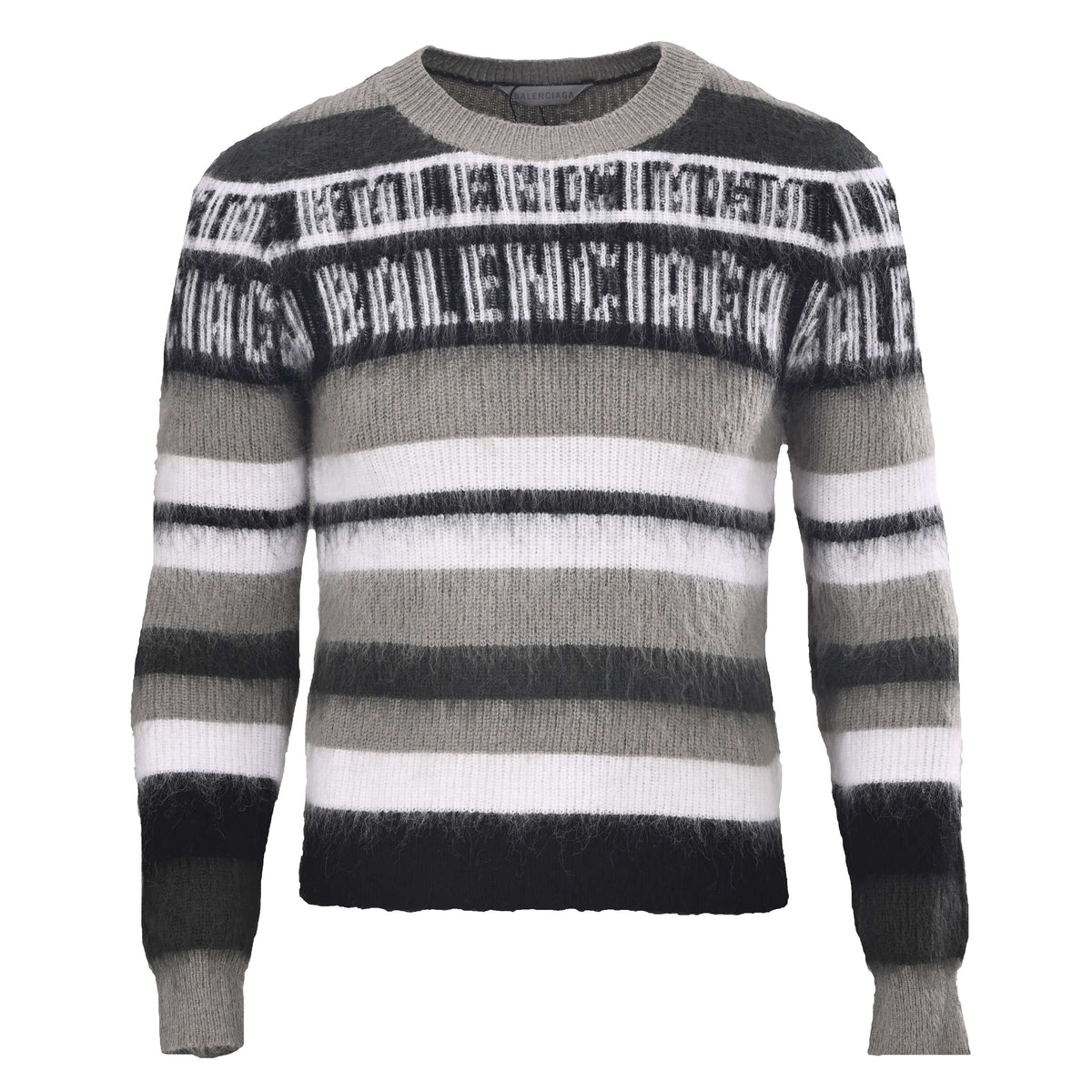 Striped Lettering Jacquard Mohair Blend Crewneck Sweater