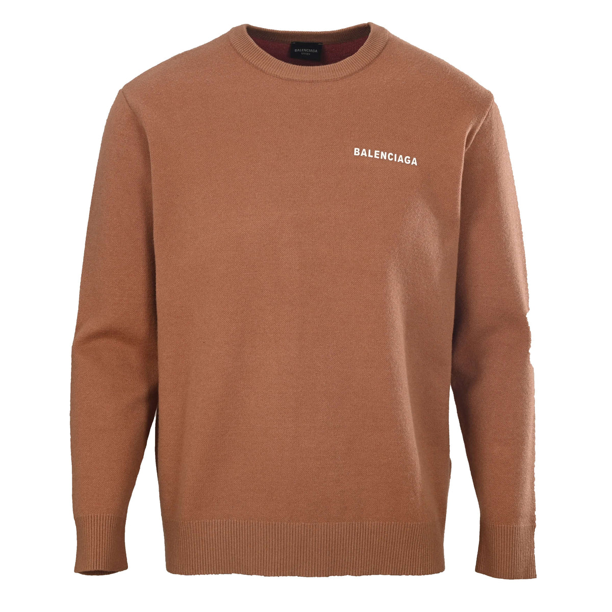 Brown Oversized Jacquard Wool-Cotton Blend Crewneck Sweater