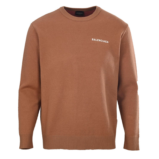 Brown Oversized Jacquard Wool-Cotton Blend Crewneck Sweater