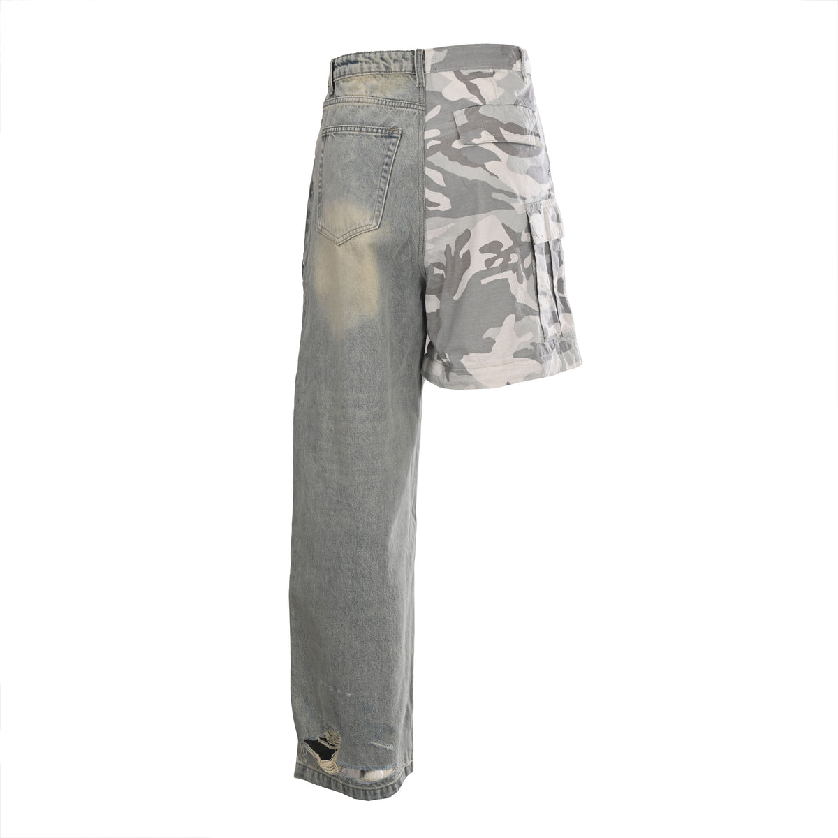 Unisex Camo Patchwork Denim Cargo Pants - Relaxed Fit
