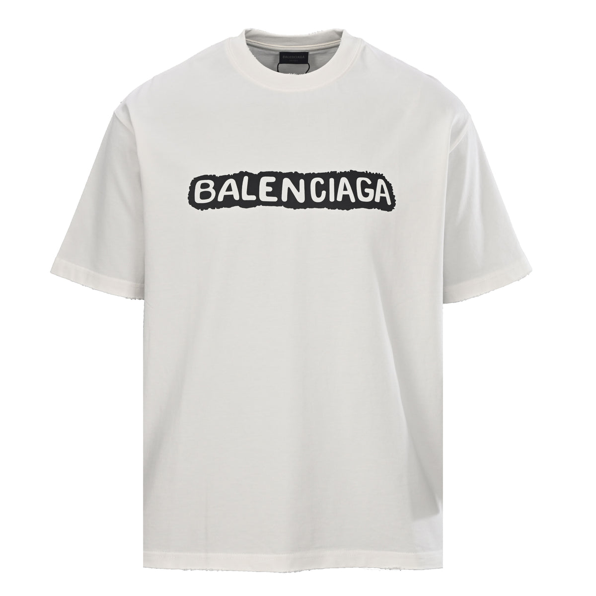 BALENCIAGA Lock Motif Lettering Graffiti Print Distressed T-Shirt