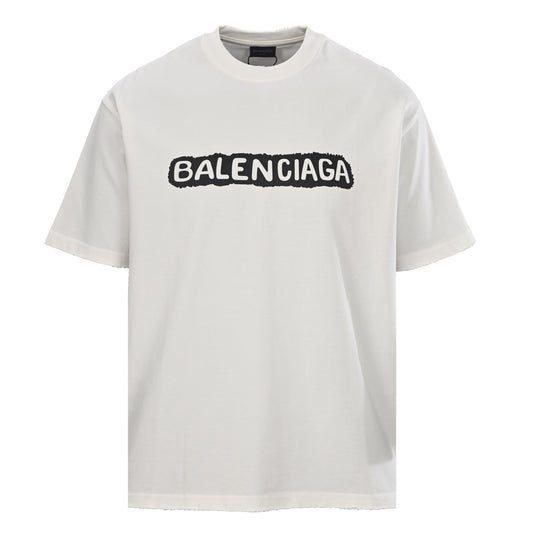 BALENCIAGA Lock Motif Lettering Graffiti Print Distressed T-Shirt