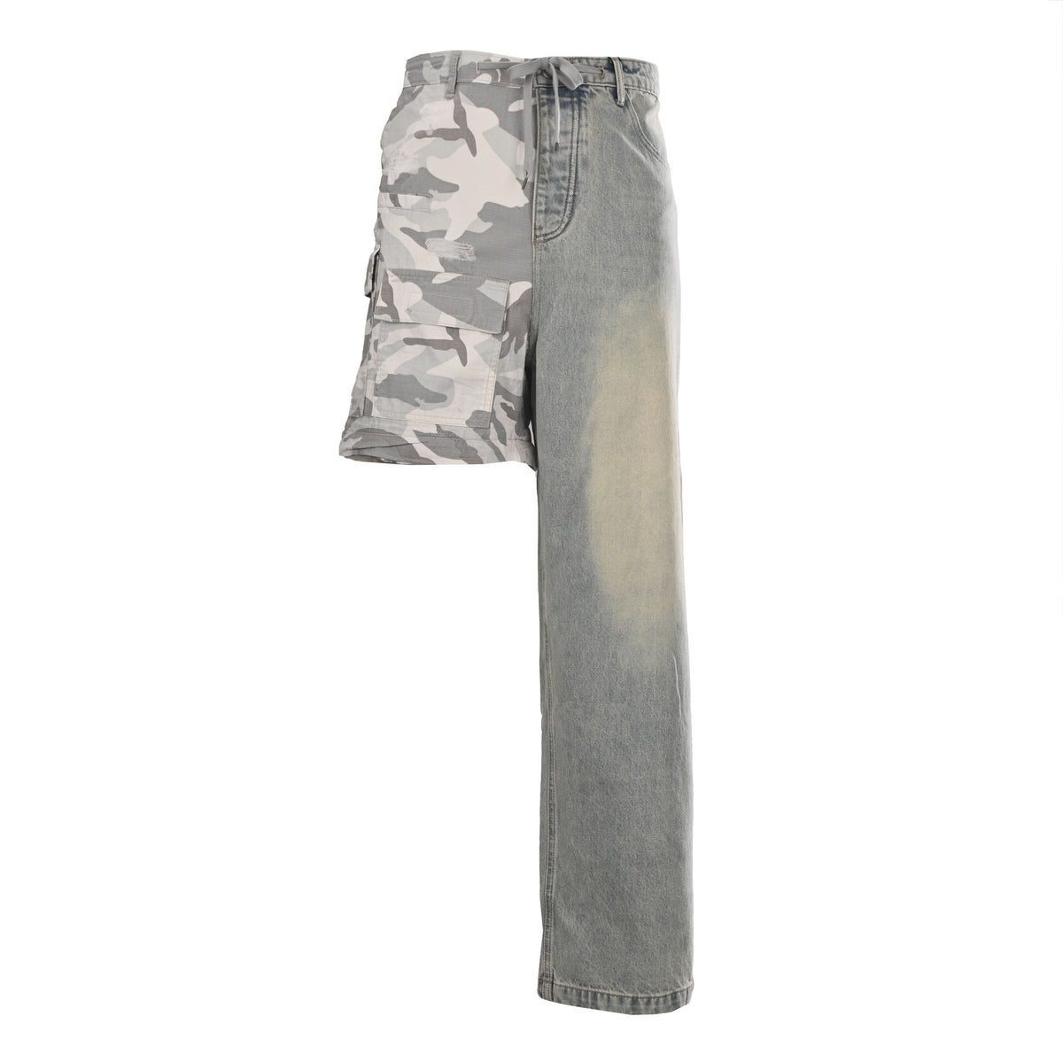 Unisex Camo Patchwork Denim Cargo Pants - Relaxed Fit