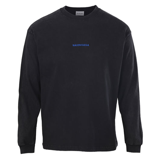 Washed Cotton Long Sleeve T-Shirt with Blue Embroidery