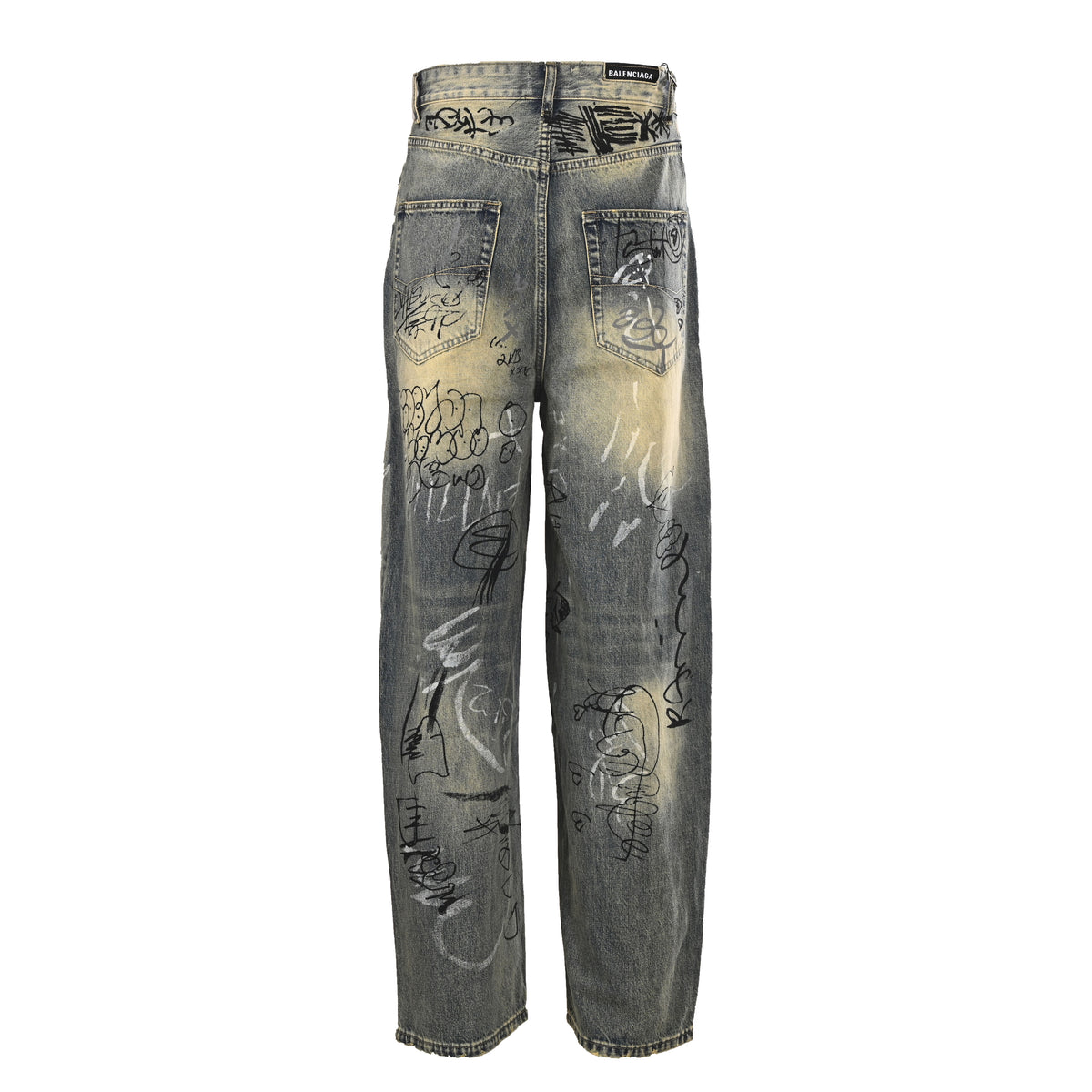 Balenciaga BLCG Hand-Painted Washed Indigo Wide-Leg Jeans