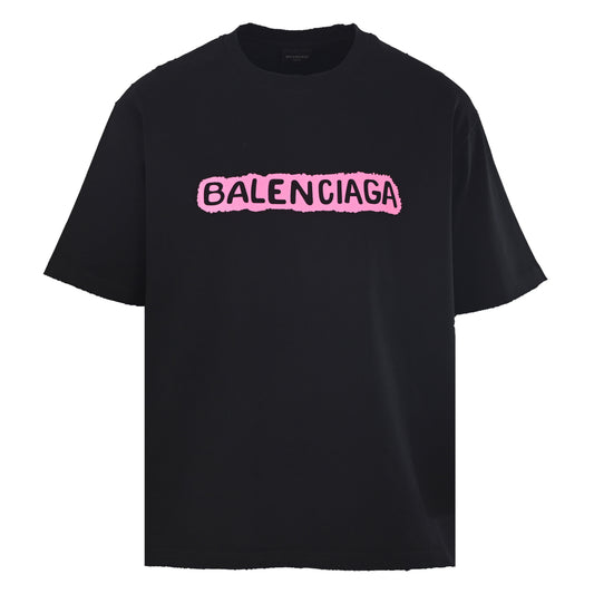 BALENCIAGA Lock Motif Lettering Graffiti Print Distressed T-Shirt