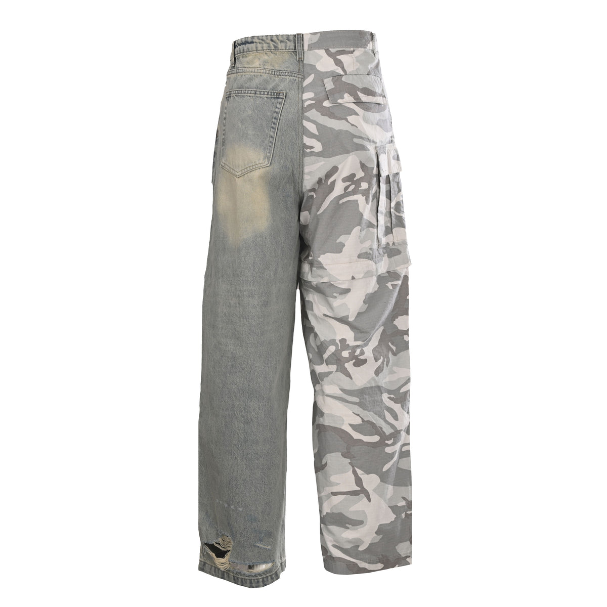 Unisex Camo Patchwork Denim Cargo Pants - Relaxed Fit