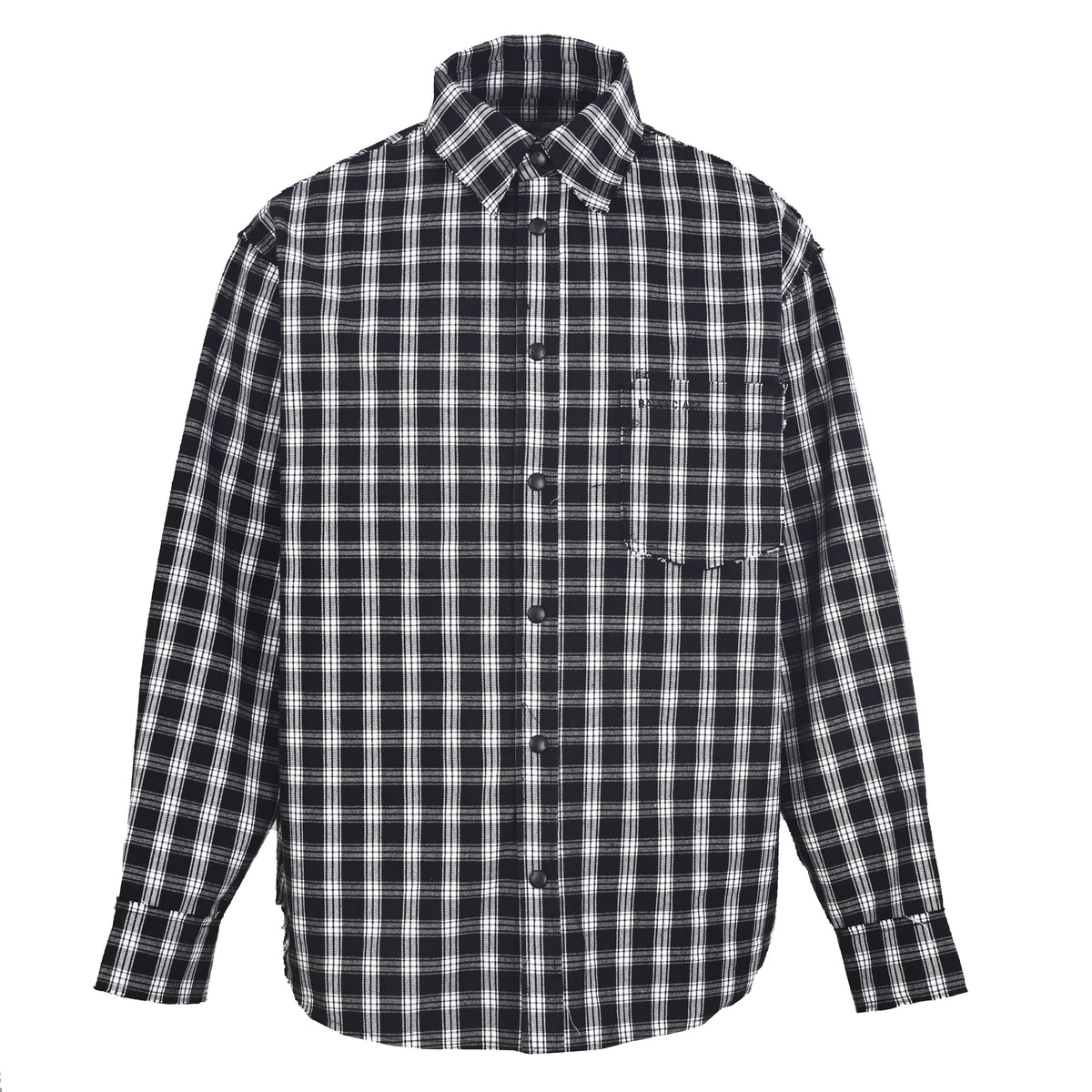 BALENCIAGA Black & White Check Distressed Frayed Long Sleeve Shirt
