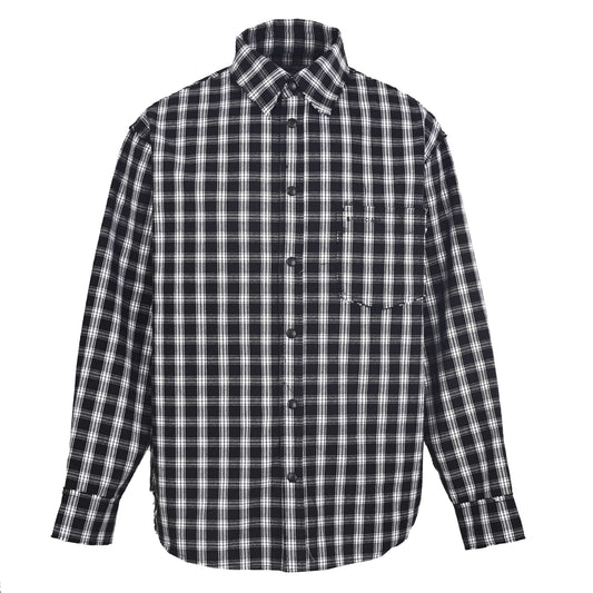 BALENCIAGA Black & White Check Distressed Frayed Long Sleeve Shirt